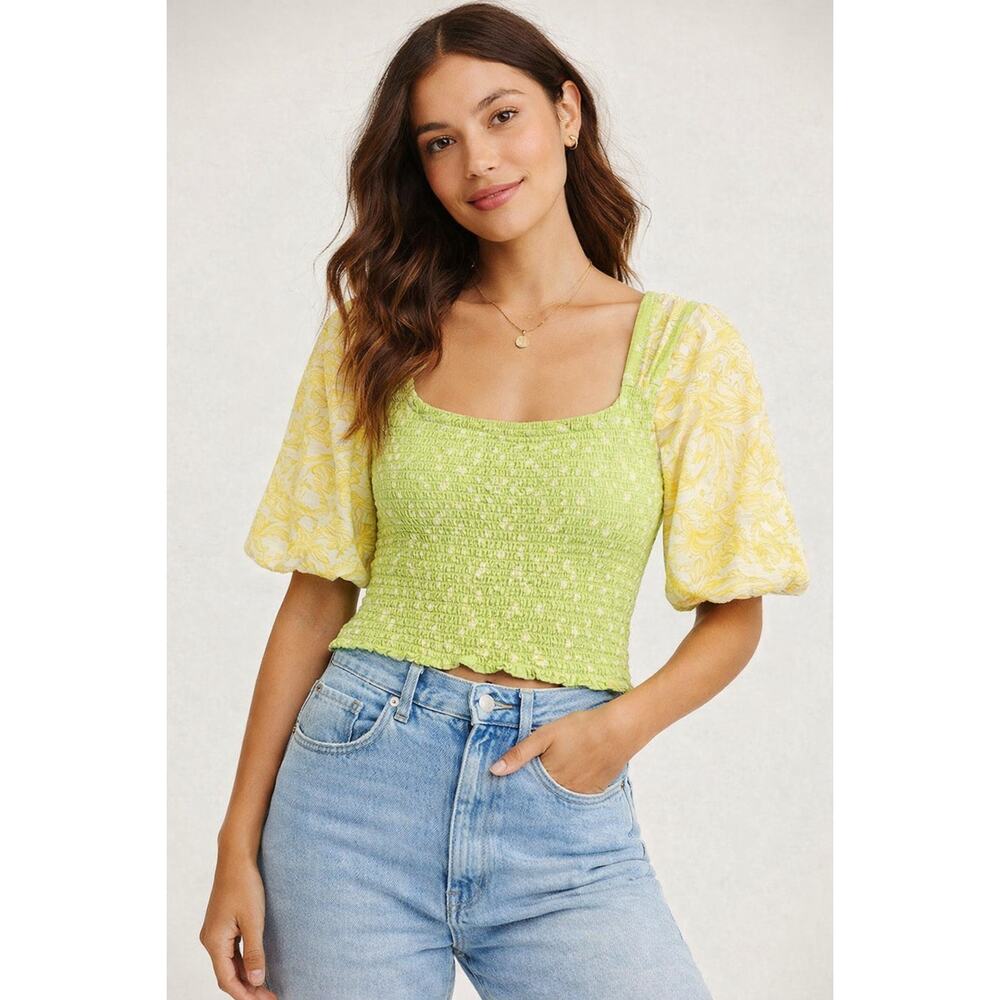 NwT Free People Smocked Crop Key Lime Floral Puff Sleeve Square Neck Boho S